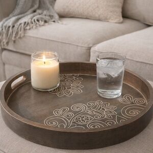 Pier 1 Round Wood Floral Carved Serving Tray 18” for Ottoman with Handles